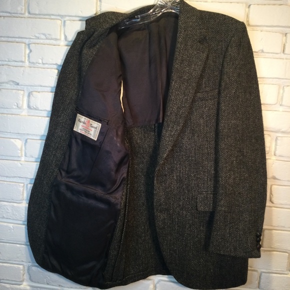 VTG Harris Tweed Wool Blazer Mens 40L Gray Herringbone 2-Button Sport Coat Retro - Picture 2 of 10